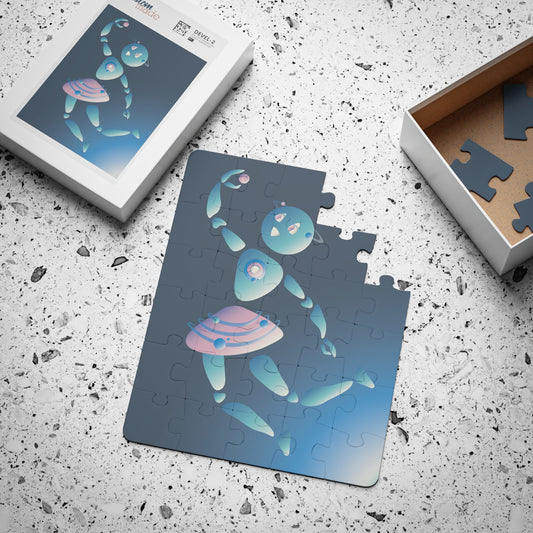 Image of partially completed jigsaw puzzle featuring a robot flying through space on a speckled countertop. 