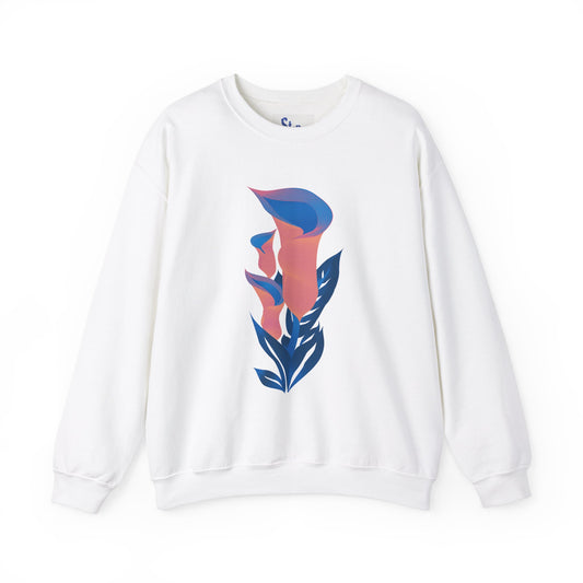 Product image of white crewneck sweatshirt with linocut-style graphic of a Calla Lily on white background.